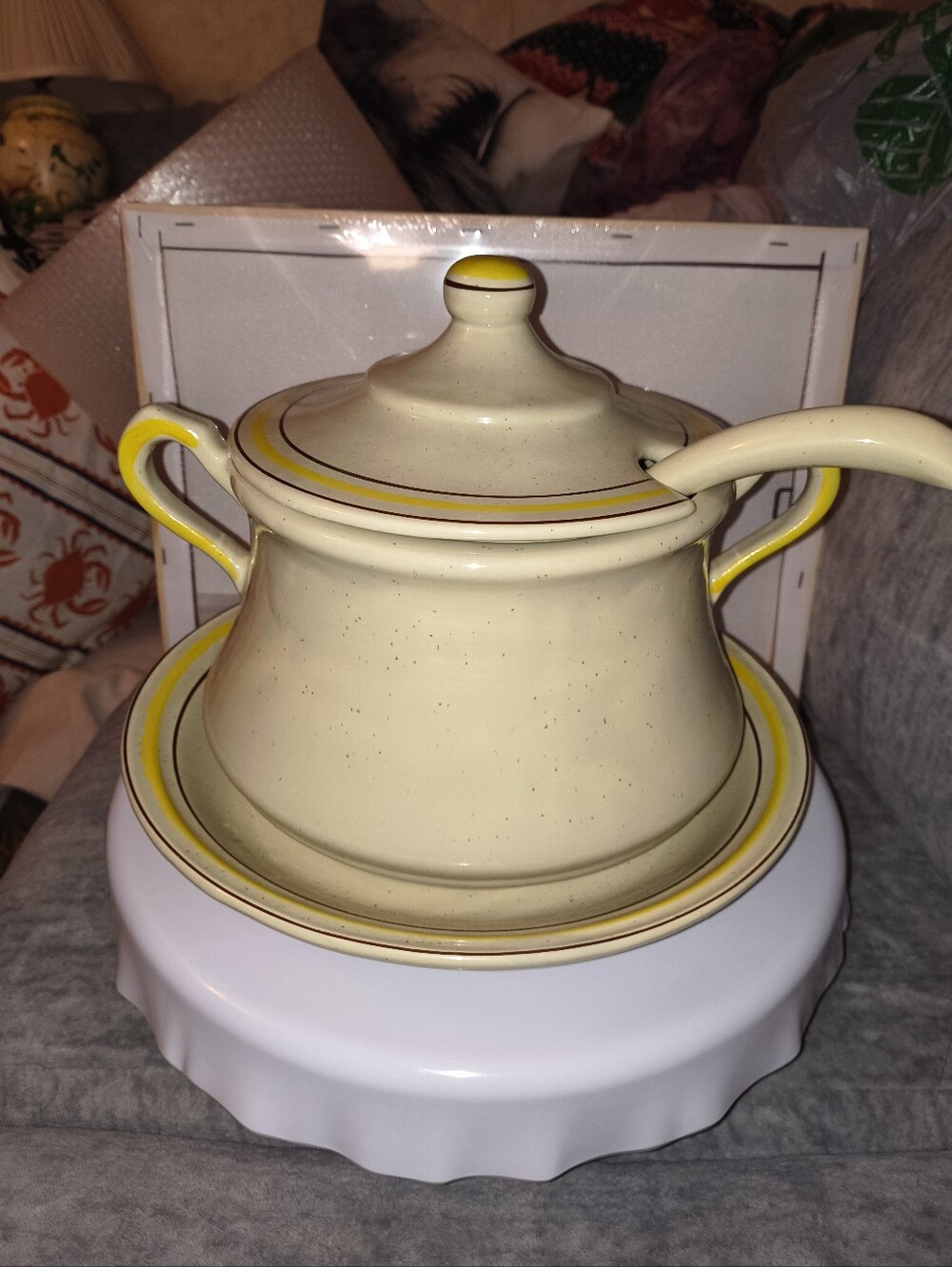 Ceramic Soup Tureen  with Spoon - Yellow Accent